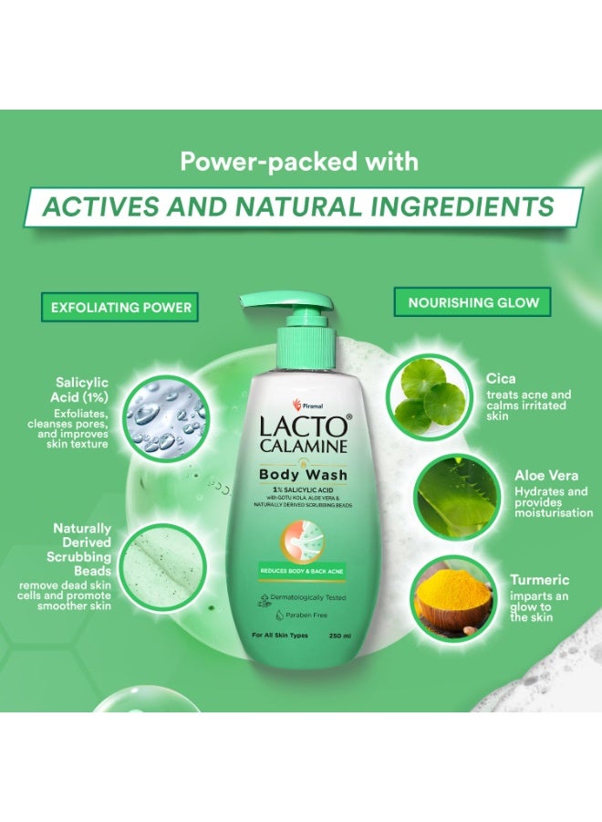 Lacto Calamine 1% Salicylic Acid Body Wash | 250ml | For Body Acne, Back Acne, Rough & Bumpy Skin |Cica, Aloe Vera, Turmeric & Natural Scrub Beads | Paraben Free | Body Wash Shower Gel For Men & Women - Image 3